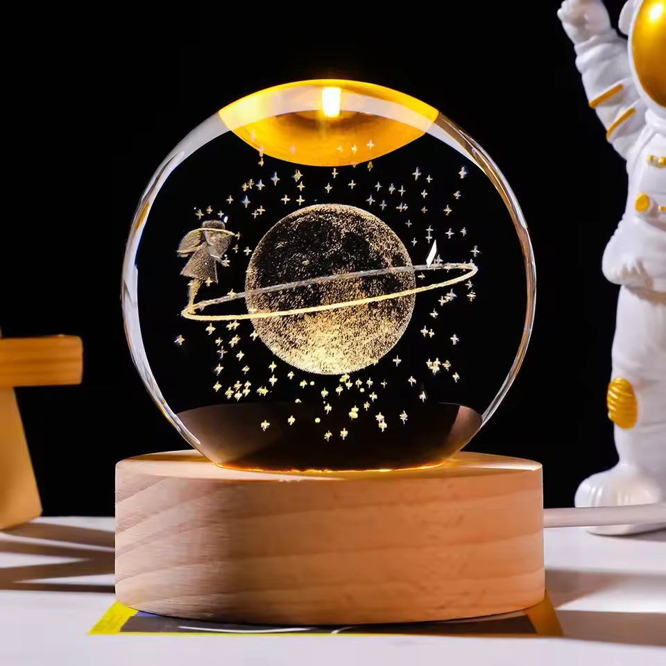 3D Galaxy Crystal Ball Night Light With Wooden Base – Premium LED Lamp