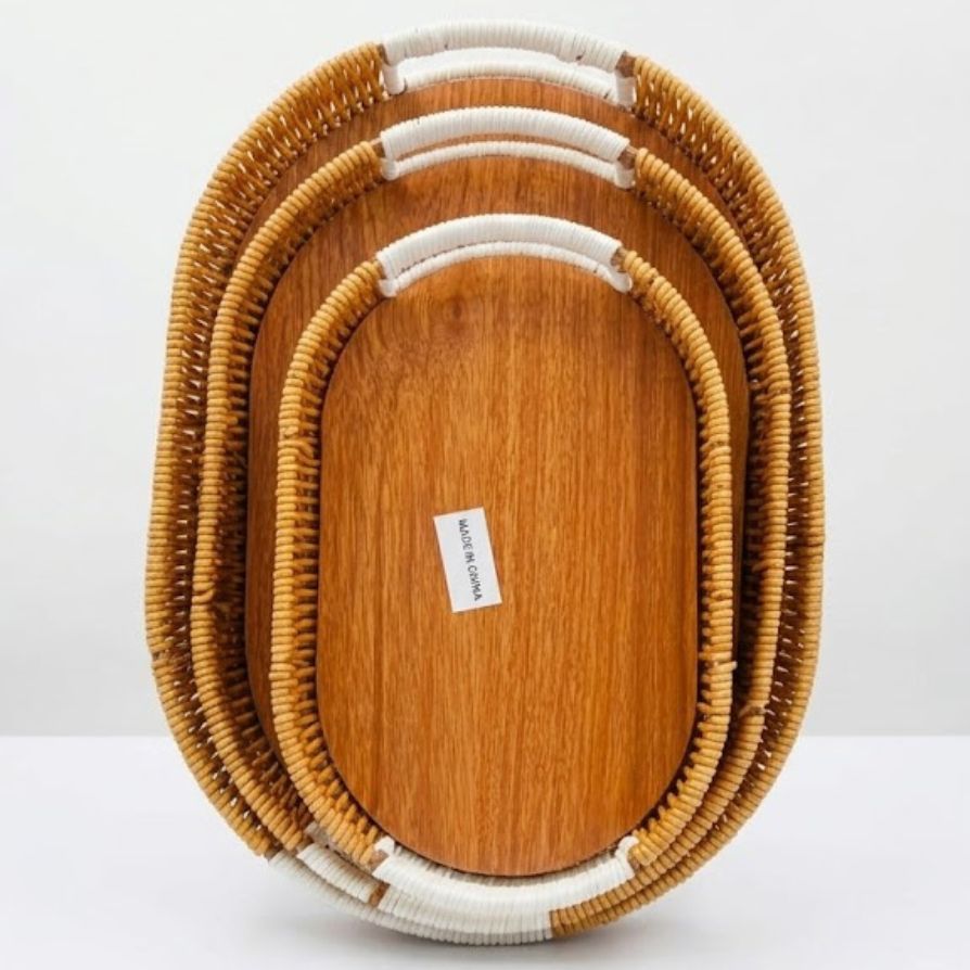 Rustic Woven Rattan Wooden Serving Trays (Set of 3) 🧺☕