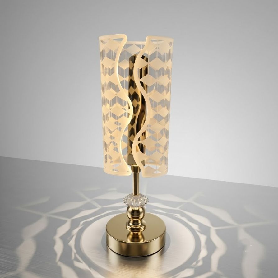 Warm LED Bedside Night Light with Curved Geometric Laser-Cut Shade
